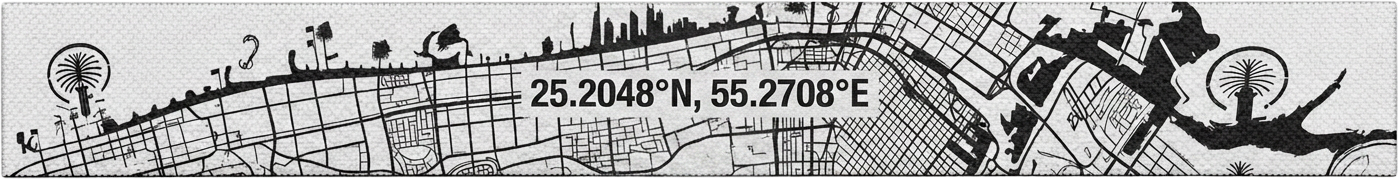 White journey side: line-art map of Dubai with the coordinates 25.2048 N, 55.2708 E